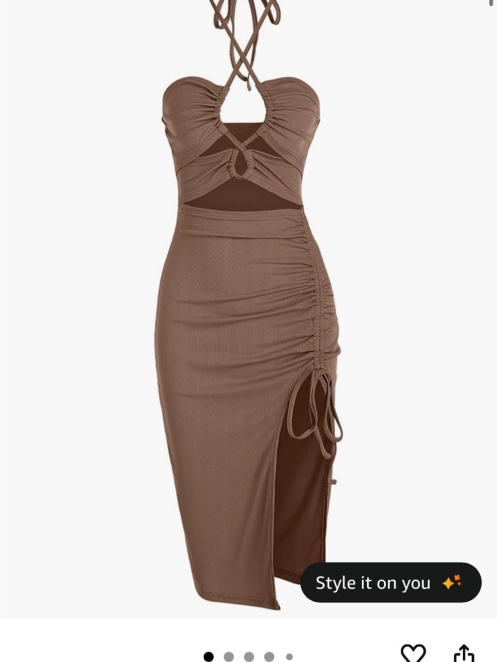 Zaful Brown Strappy Cutout Ruched Midi Dress